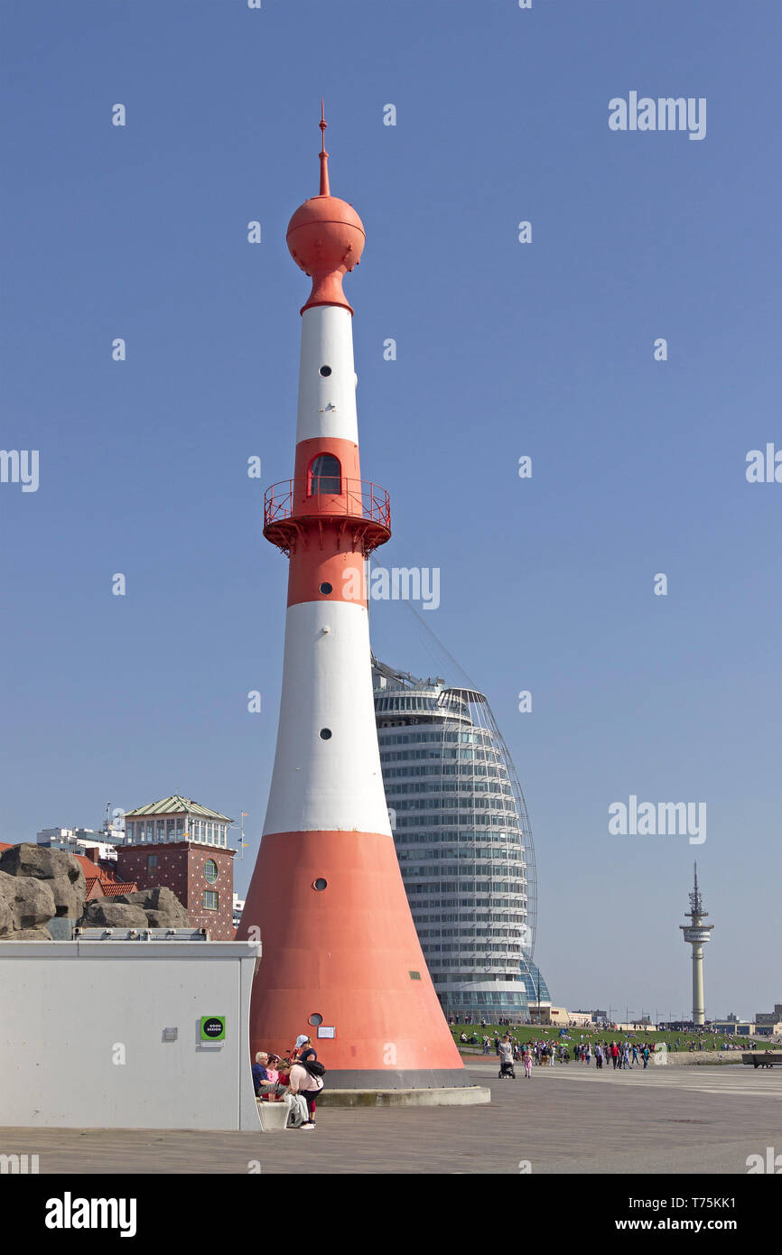 lighthouse Minarett and ATLANTIC Hotel Sail City, WillyBrandt Square, Bremerhaven, Bremen, Germany Stock Photo
