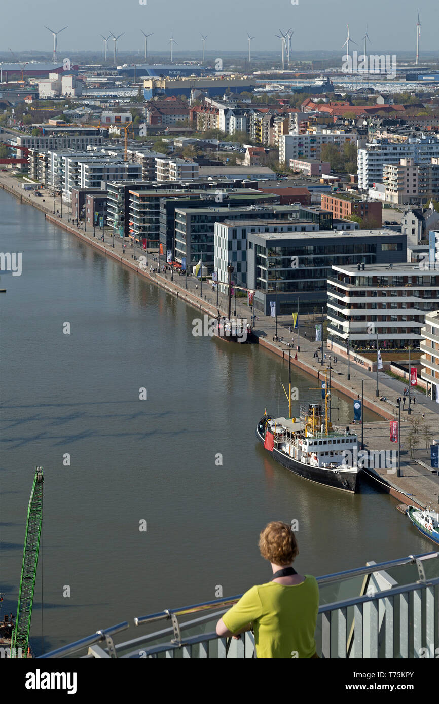 view of New Harbour from the viewing platform of ATLANTIC Hotel Sail City, Bremerhaven, Bremen, Germany Stock Photo