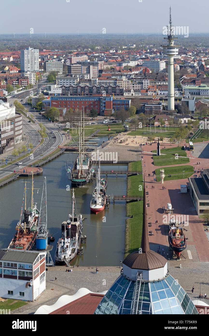 view of Old Harbour from the viewing platform of ATLANTIC Hotel Sail City, Bremerhaven, Bremen, Germany Stock Photo