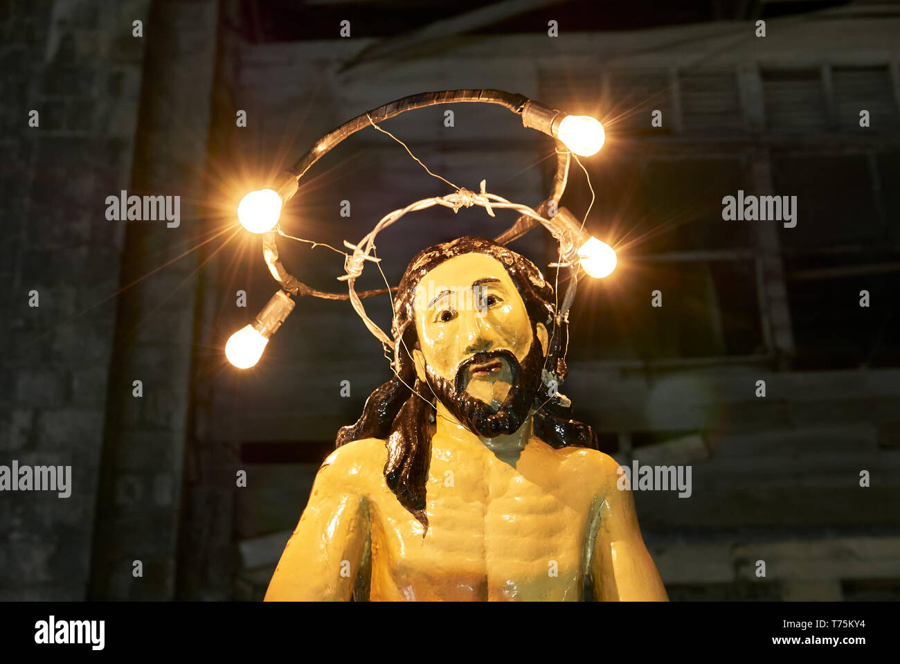 Leon, Iloilo, Philippines: Detail view of an antique Jesus statue at a Good Friday procession around the church and town Stock Photo