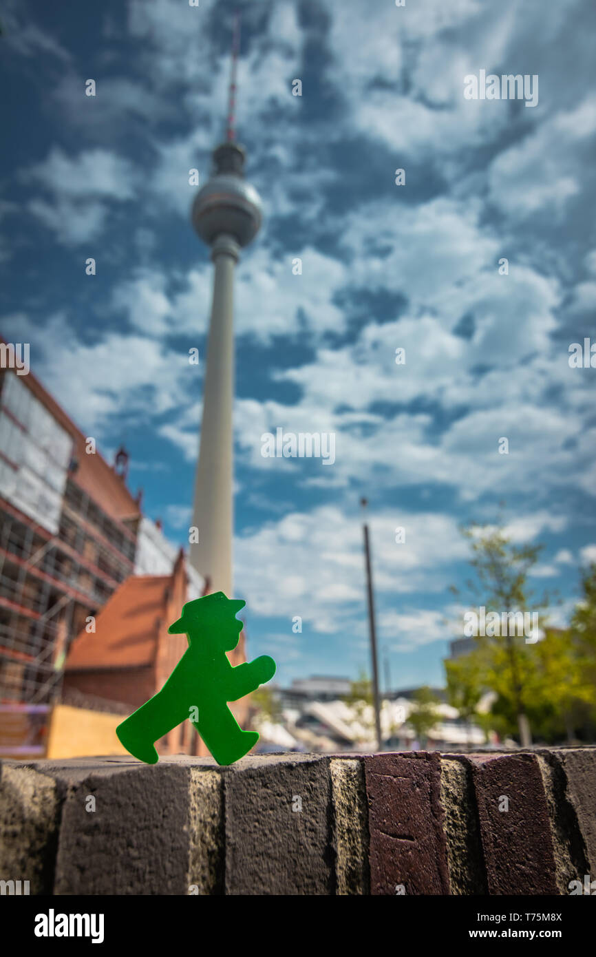 Berlin, Ampelmann in front of the TV tower Stock Photo