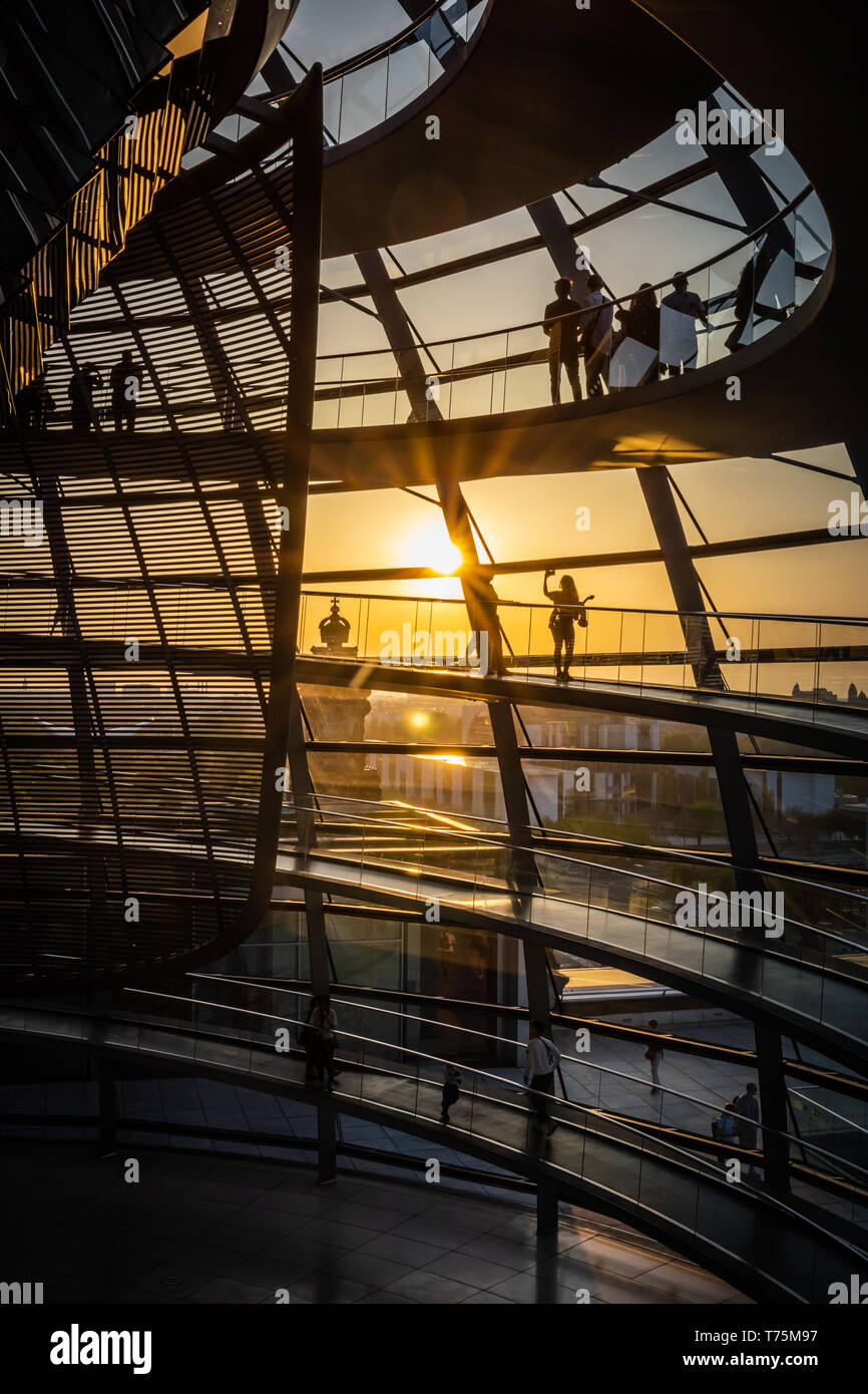 BERLIN: Interior view of famous Reichstag Dome in Berlin at sunset Stock Photo