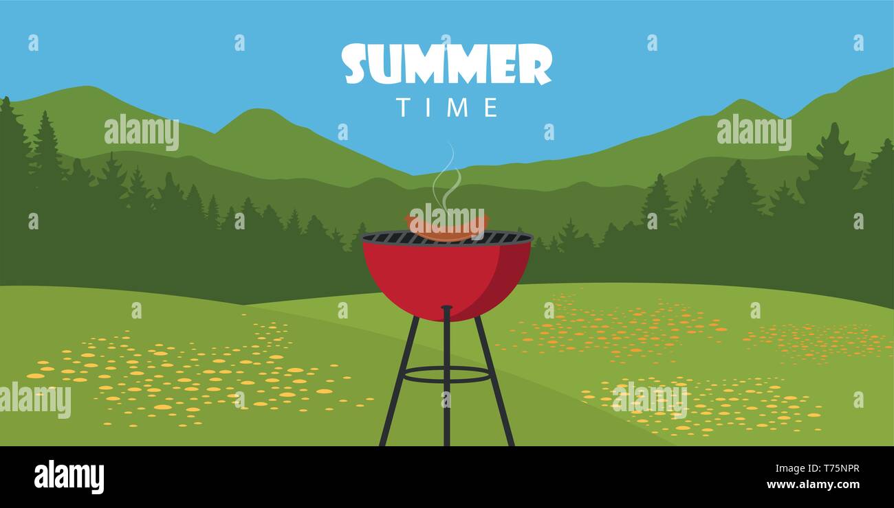 summer time outdoor bbq landscape with kettle barbecue and sausage vector illustration EPS10 Stock Vector