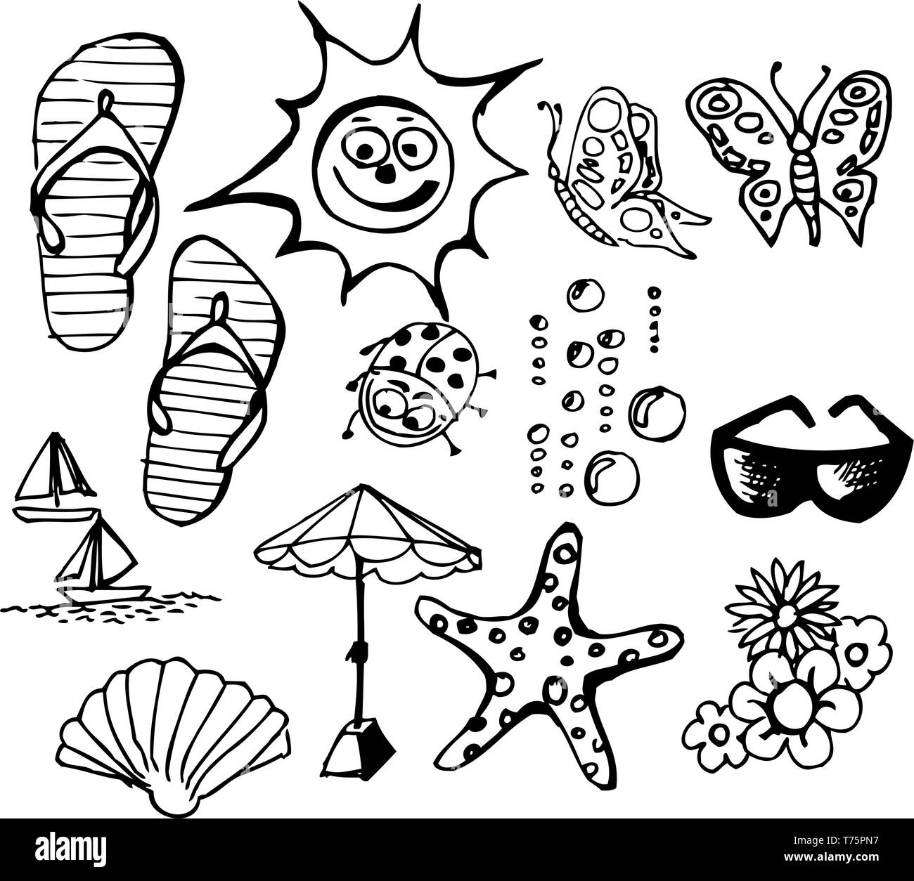 Summer doodle elements - sun, ocean, flower Stock Vector Image
