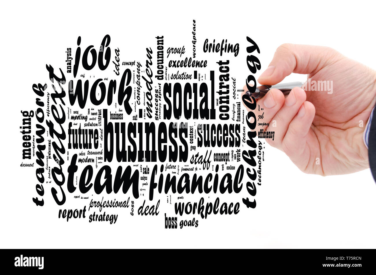 Business - word cloud over white background and human hand Stock Photo