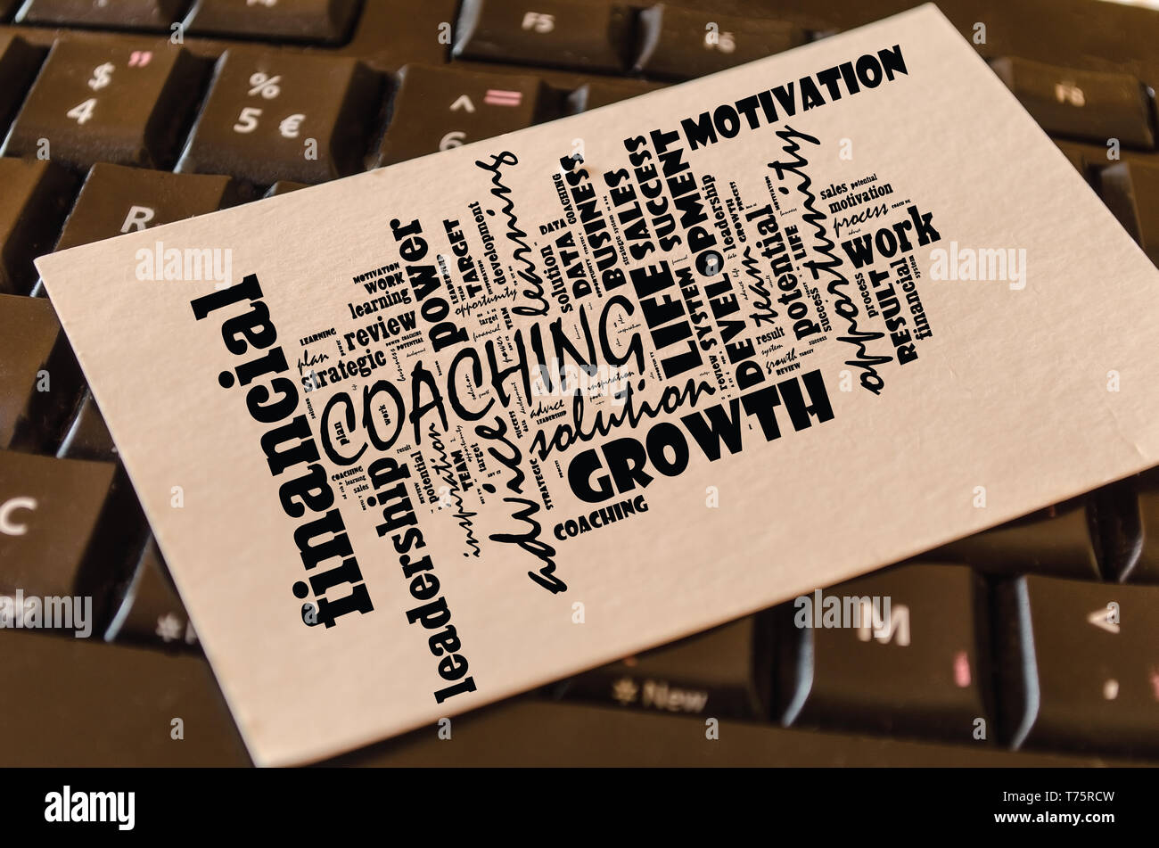 Coaching word cloud collage over keyboard background Stock Photo