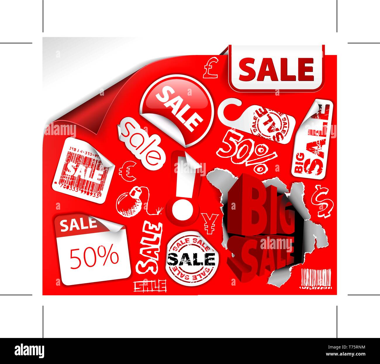 Set of red discount tickets, labels, stamps, stickers, corners, tags