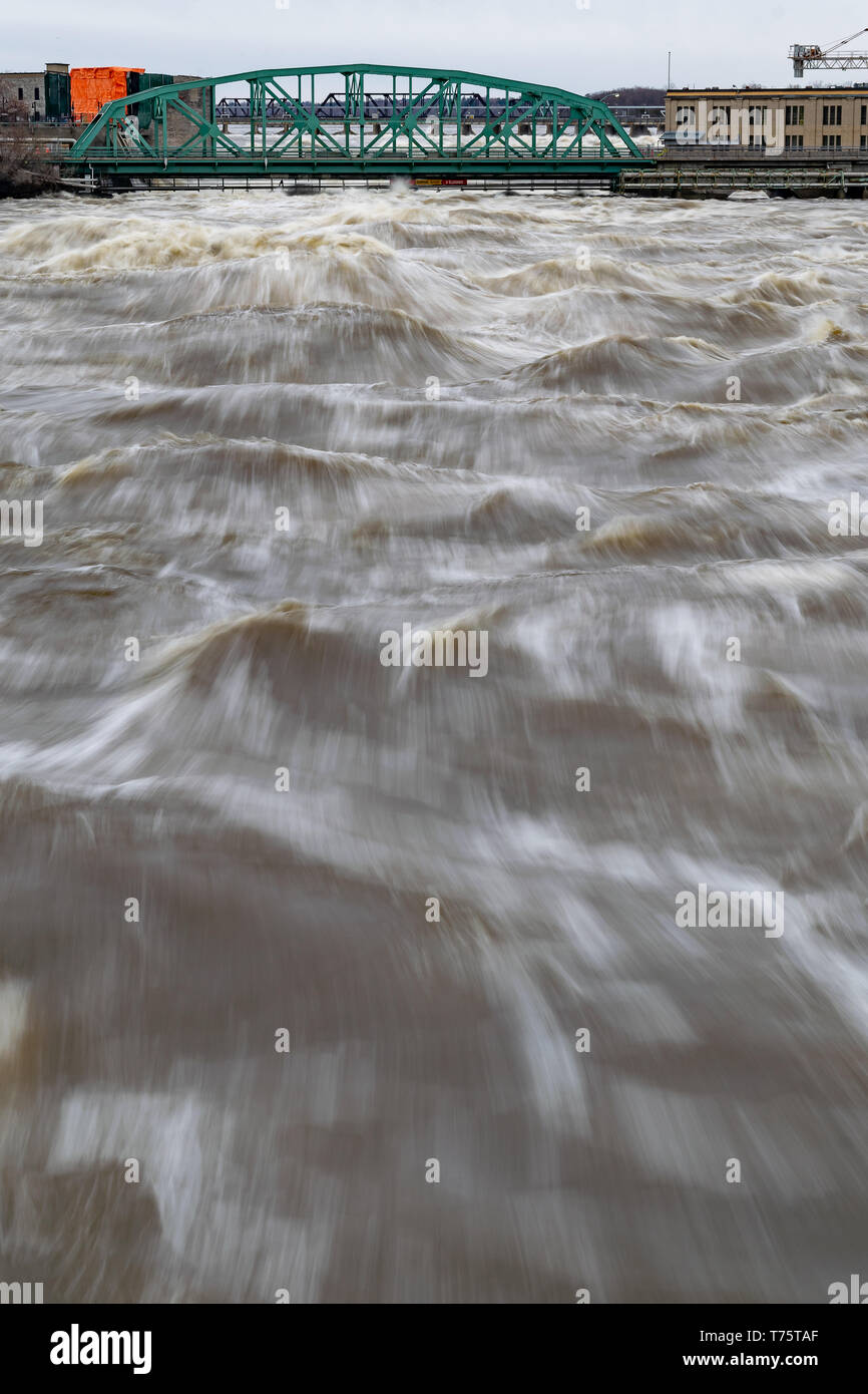 Epic flooding in April 2019 of the Ottawa River forces the closure of the Chaudiere Bridge connecting Ottawa, Ontario, and Gatineau, Quebec. Stock Photo