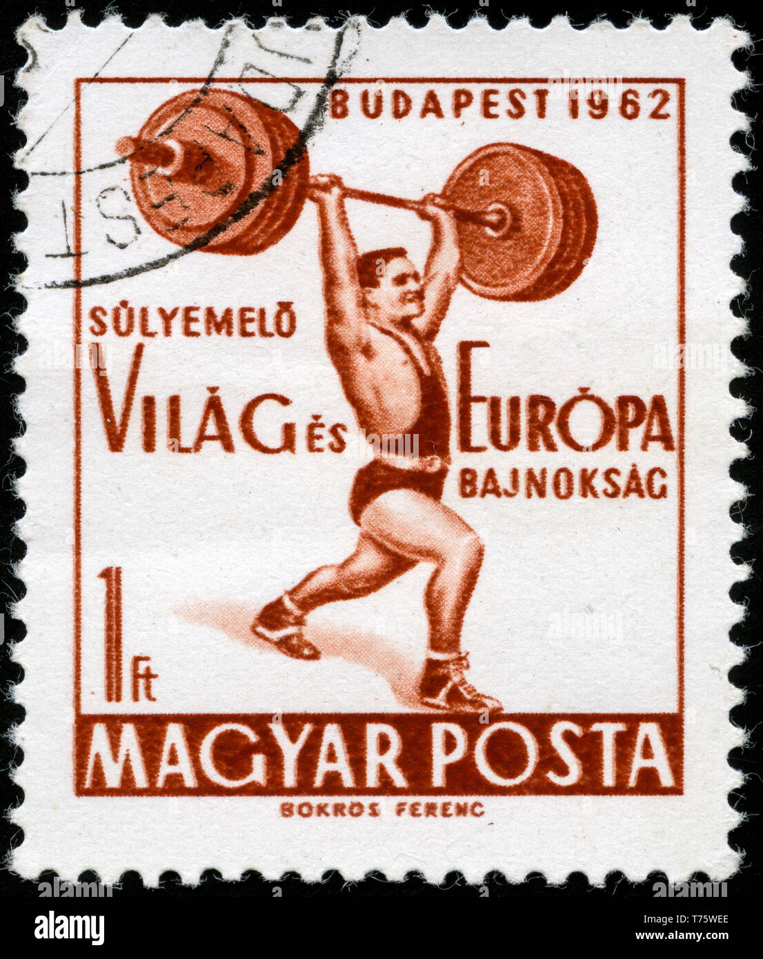 Postage stamp from Hungary in the European Weight Lifting Championships series issued in 1962 Stock Photo