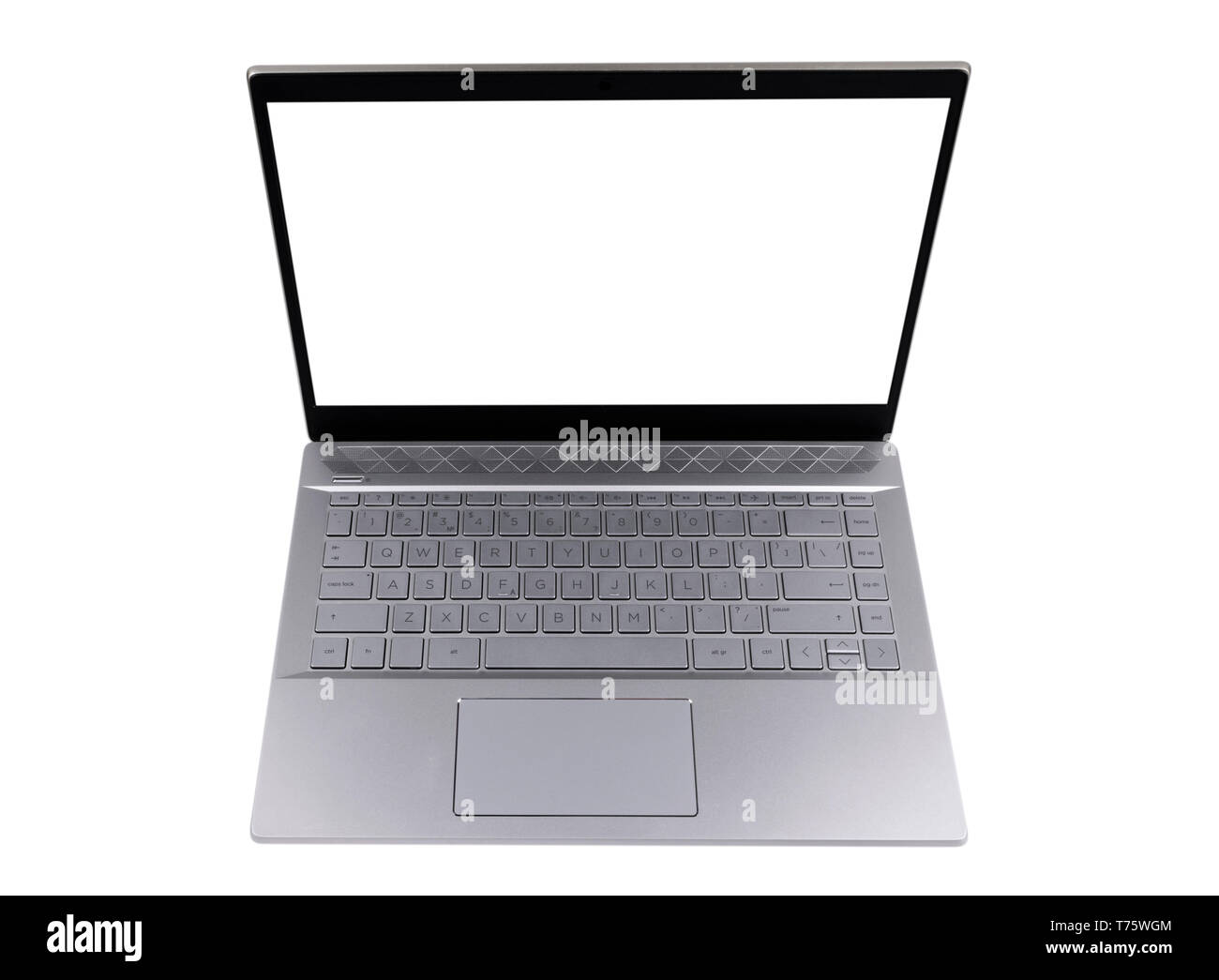 Laptop computer PC with blank screen mock up isolated on white background. Laptop isolated screen with clippin path. PC computer white screen with cop Stock Photo