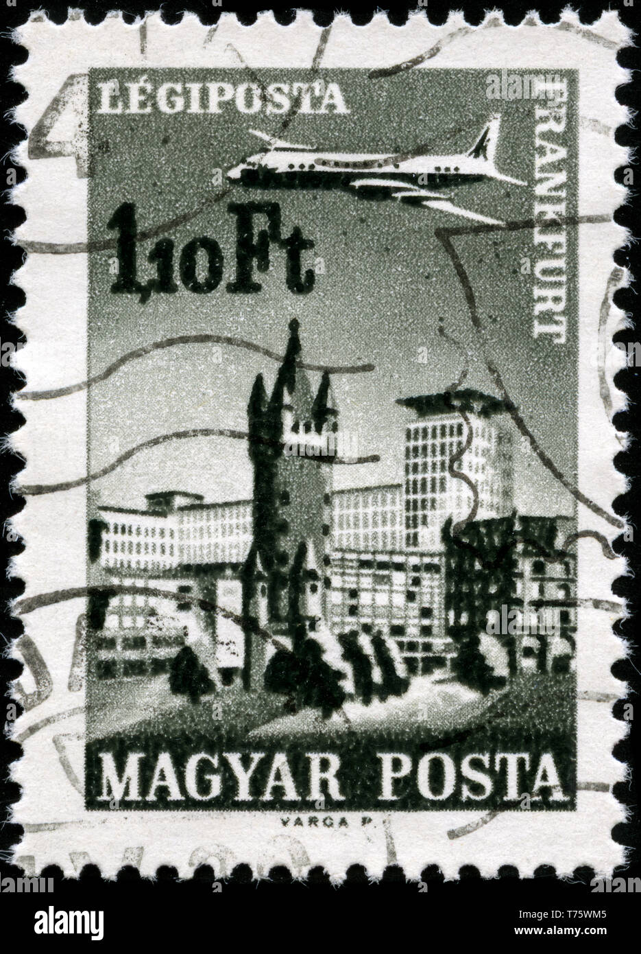 Postage stamp from Hungary in the Airpost. Plane over Cities served by Hungarian Airways series issued in 1966 Stock Photo