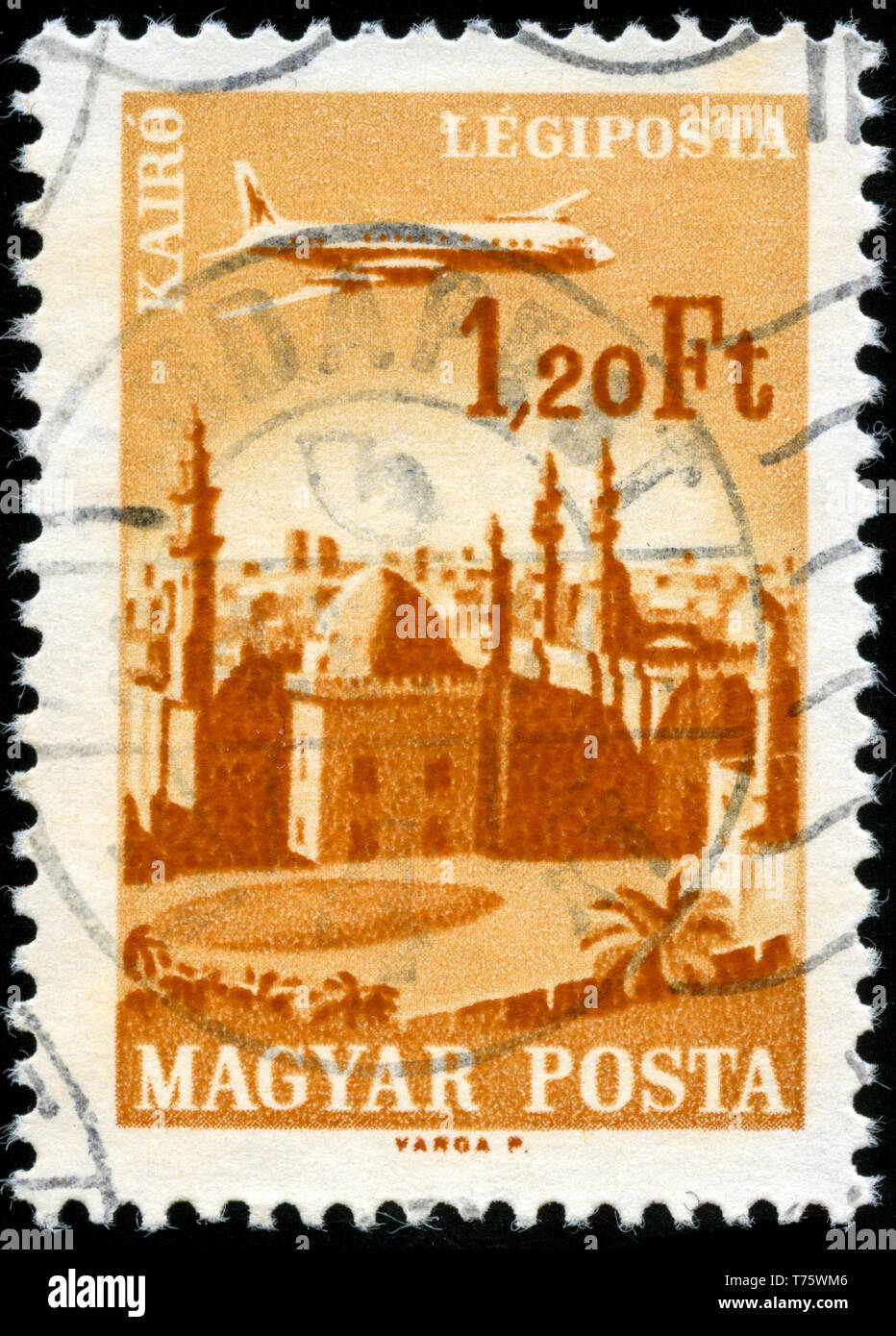 Postage stamp from Hungary in the Airpost. Plane over Cities served by Hungarian Airways series issued in 1966 Stock Photo