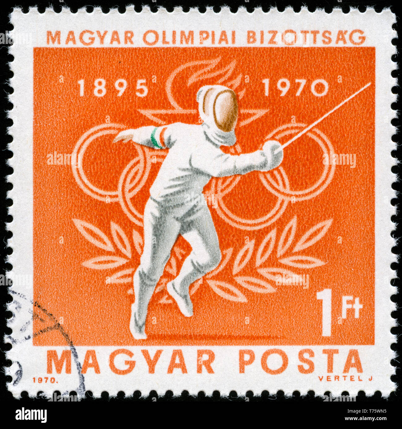 Postage stamp from Hungary in the 75 Years of Hungarian Olympic Committee series issued in 1970 Stock Photo