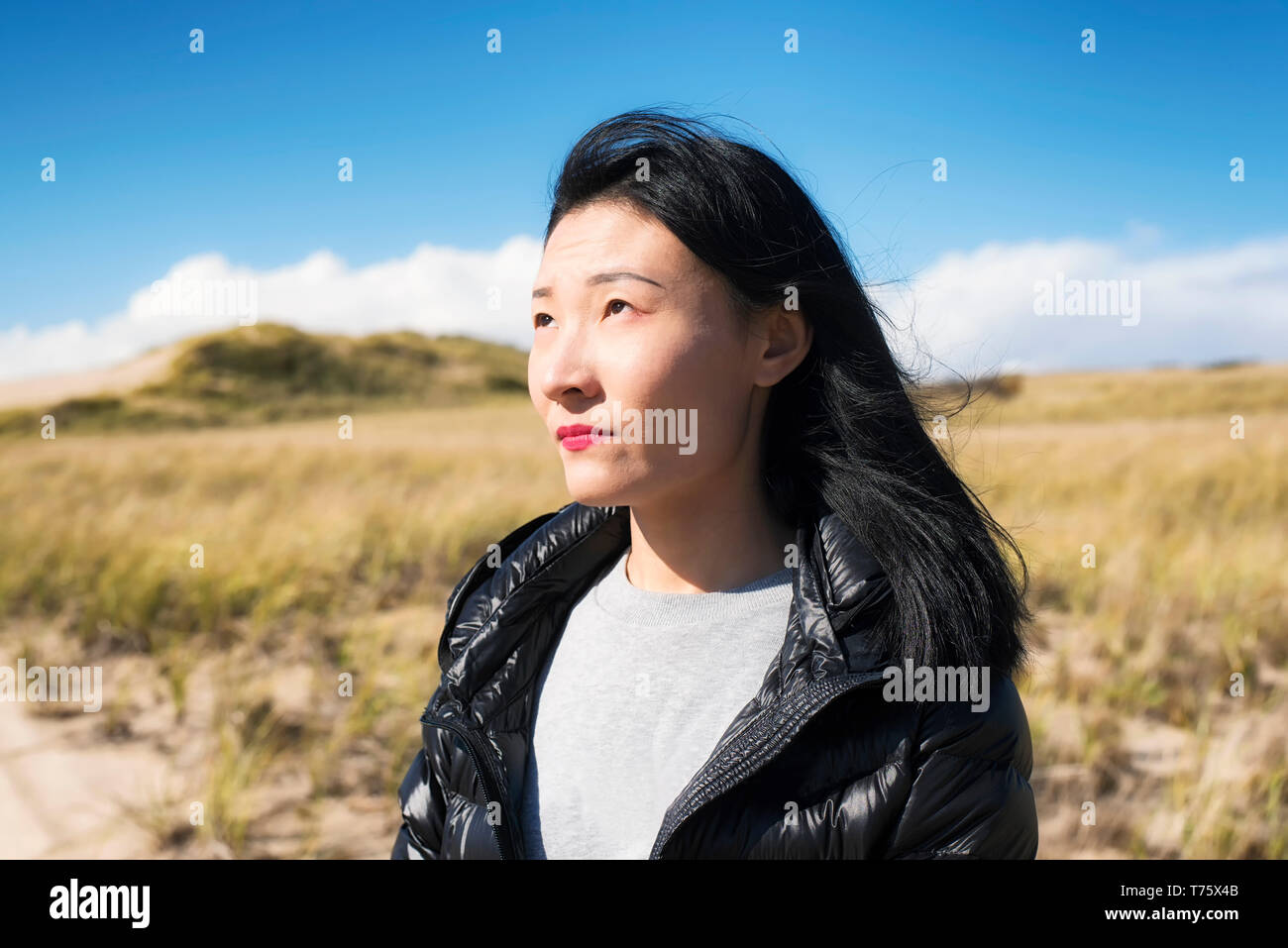A chinese woman contemplating her thoughts outside on a sunny windy day on the cape cod national seashore in Truro Massachusetts. Stock Photo