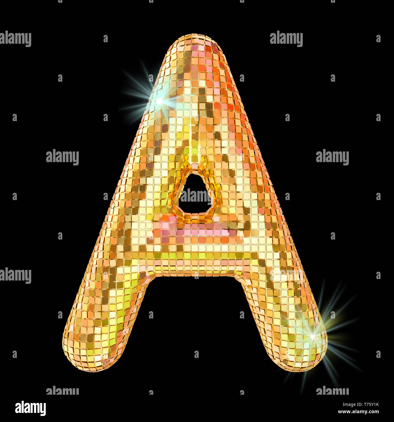 Disco font, letter A from golden glitter mirror facets. 3D rendering ...