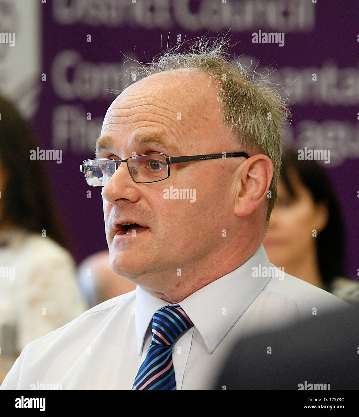 Barry McElduff speaks to the media at the local elections count at Omagh Leisure Centre after he secured a seat on the Fermanagh and Omagh District Council. Stock Photo