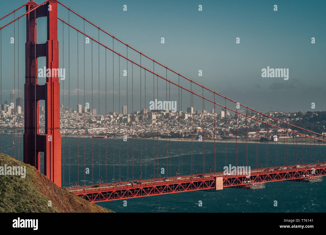 San Francisco behind the ties of the Golden Gate bridge, California, United States. Stock Photo