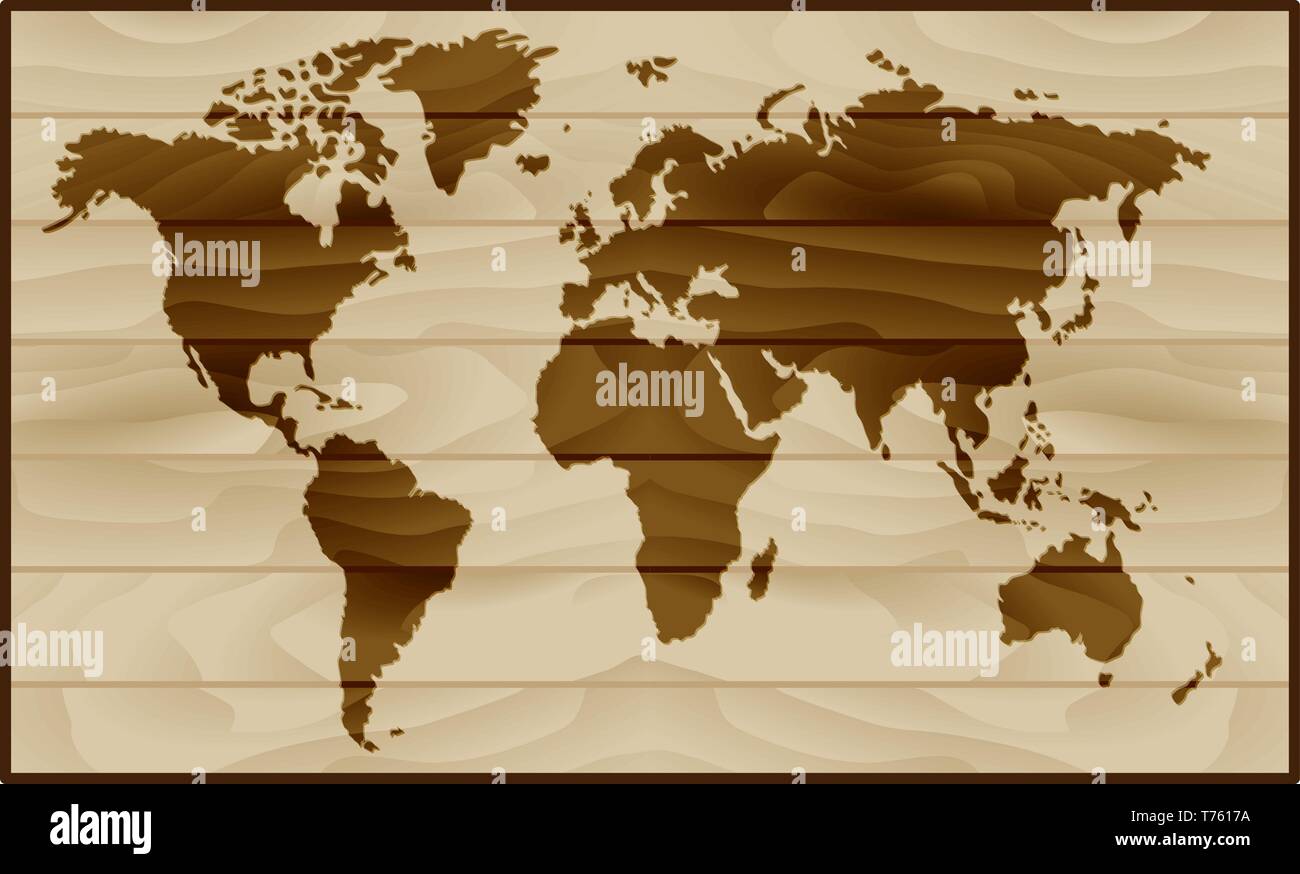 World map on wood background Stock Vector