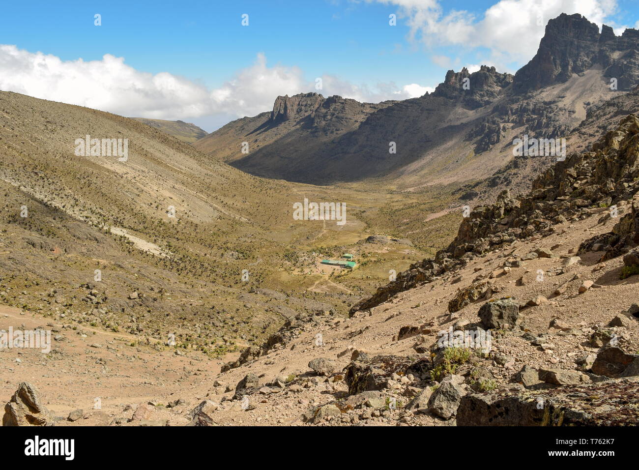 Volcanic rock formations in the panoramic mountain landscapes of Mount Kenya Stock Photo