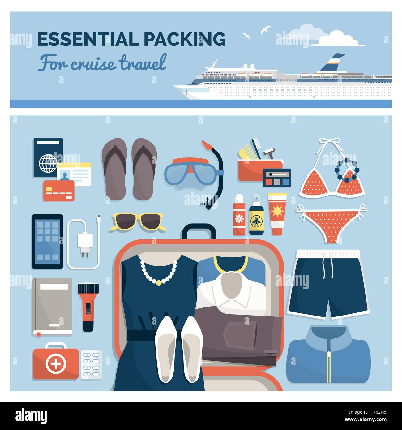 Essential packing for cruise travel and honeymoon, male and female items, clothing and accessories ready to pack, flat lay Stock Vector