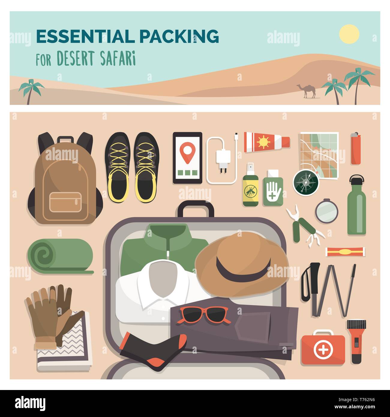 Essential packing for desert safari tour, adventure travel and exploration concept, flat lay equipment and clothing Stock Vector