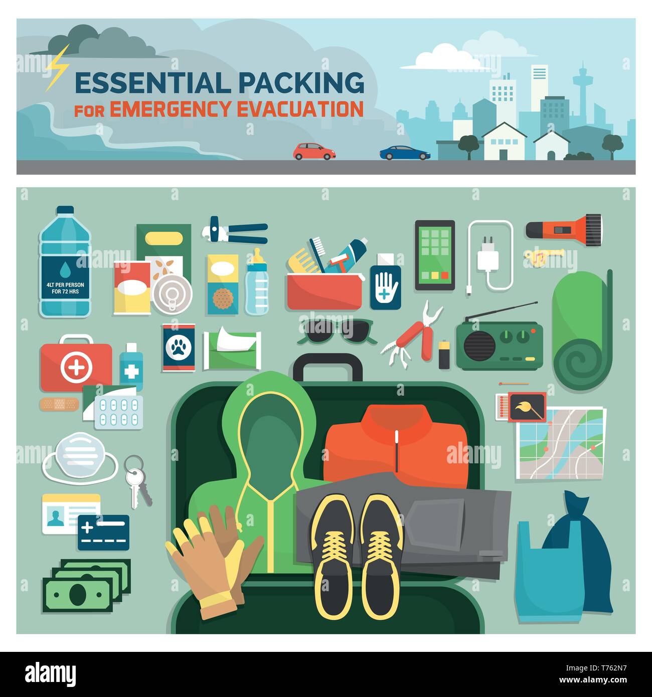 Essential packing kit for emergency evacuation, emergency preparedness and safety guide, flat lay objects and tools Stock Vector
