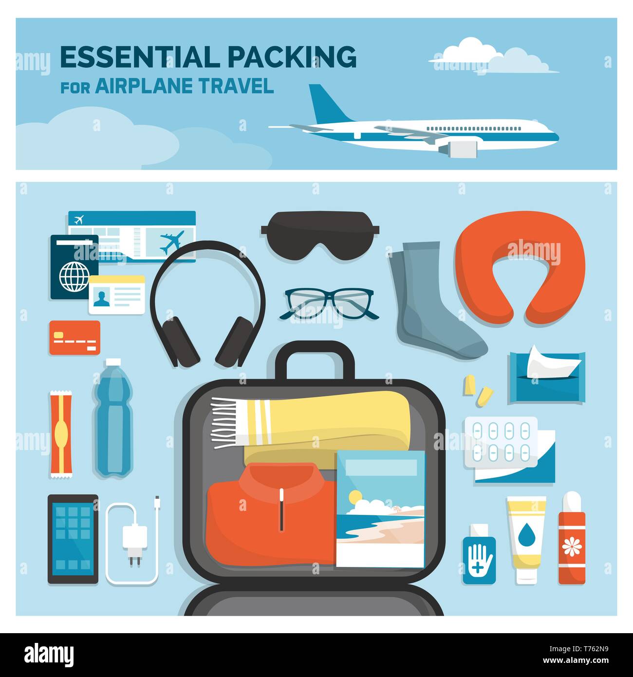 Essential packing for airplane traveling: essential clothes and accessories in a carry-on bag, vacations and tourism concept, flat lay Stock Vector