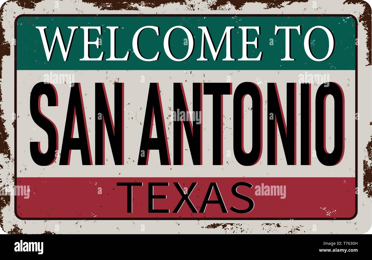 Welcome to San Antonio Texas vintage rusty metal sign on a white 