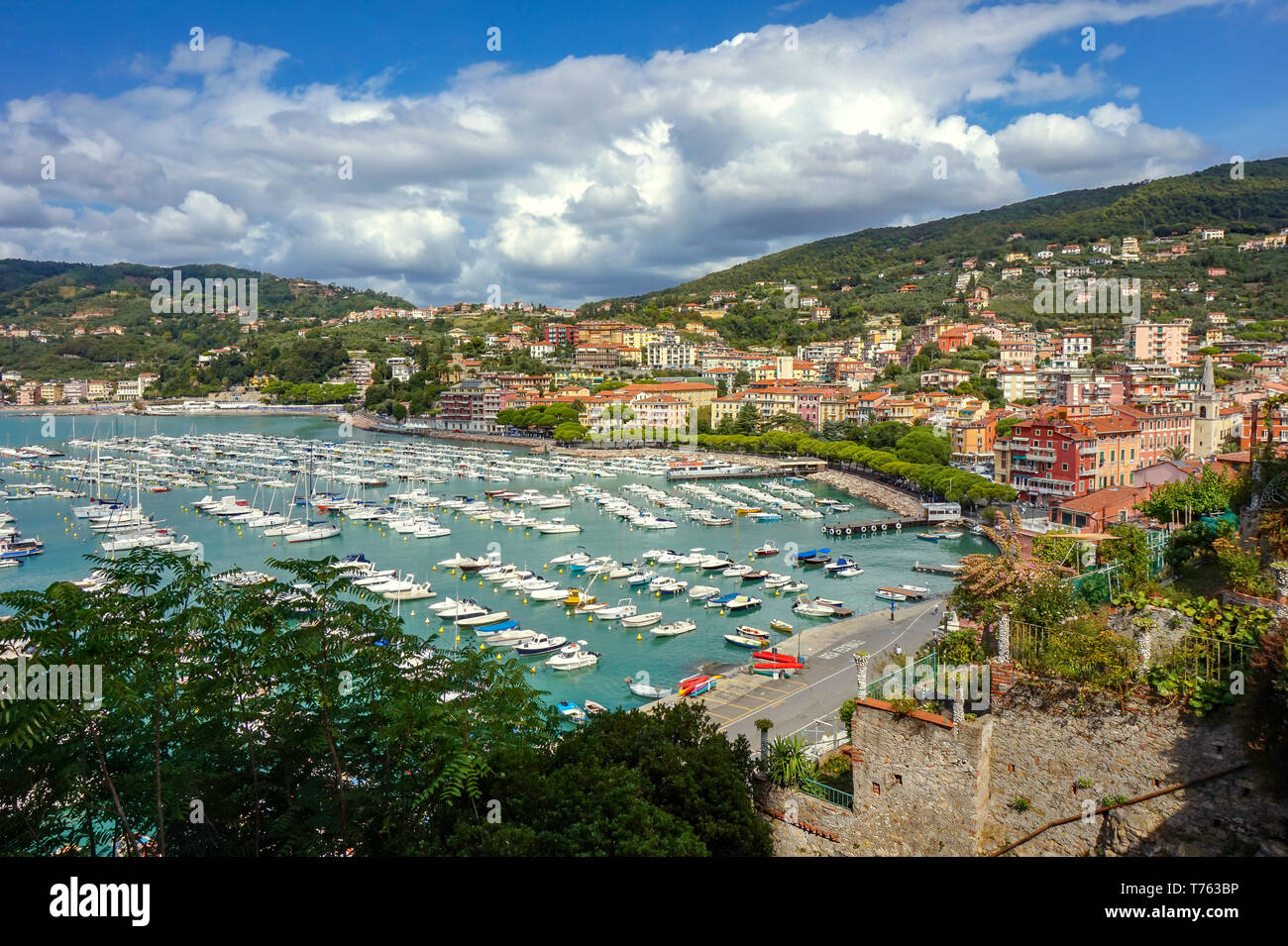 Top view of small city Lerici on Ligurian coast, Italy, in province of La Spezia. Panoramic view of Italian town Lerici. A lot of boat in harbor and c Stock Photo