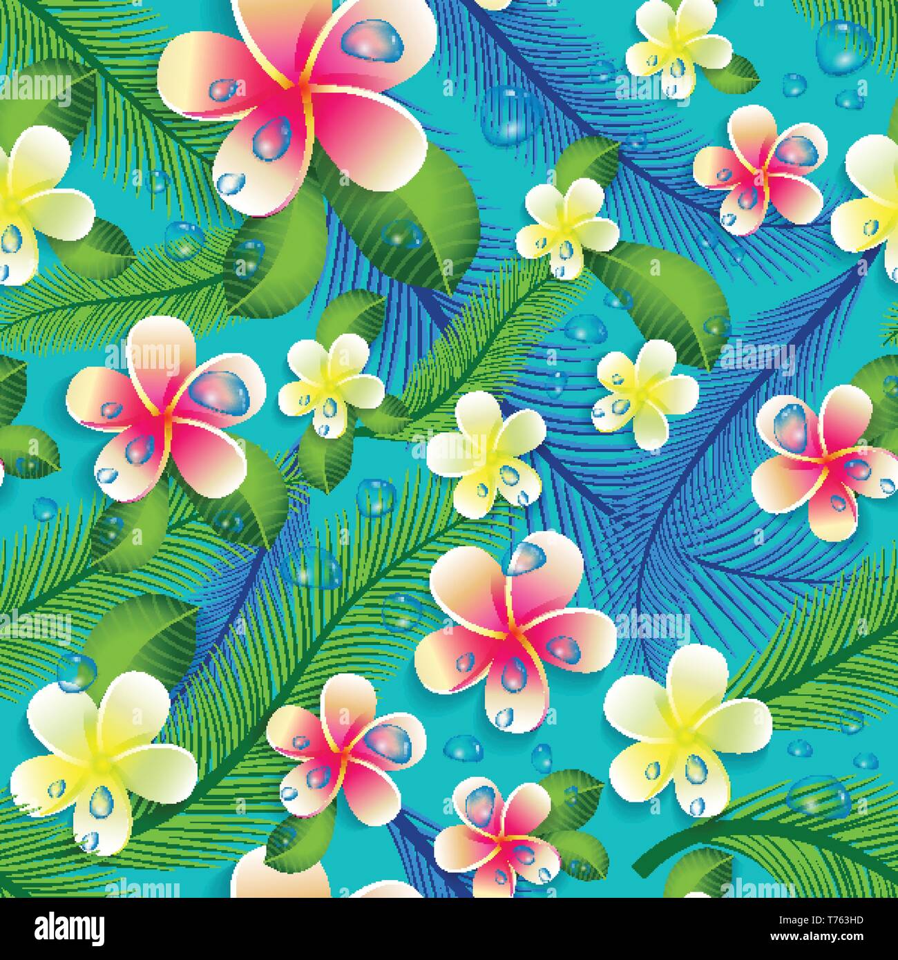 Beautiful seamless floral jungle pattern background. Tropical flowers and leaves. Stock Vector