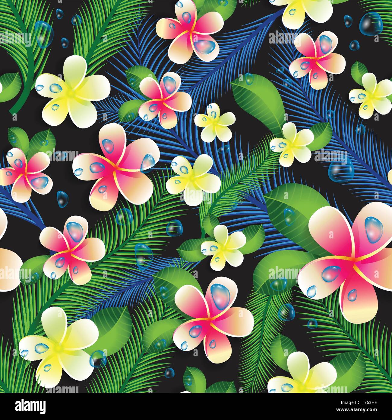 Beautiful seamless floral jungle pattern background. Tropical flowers and leaves. Stock Vector