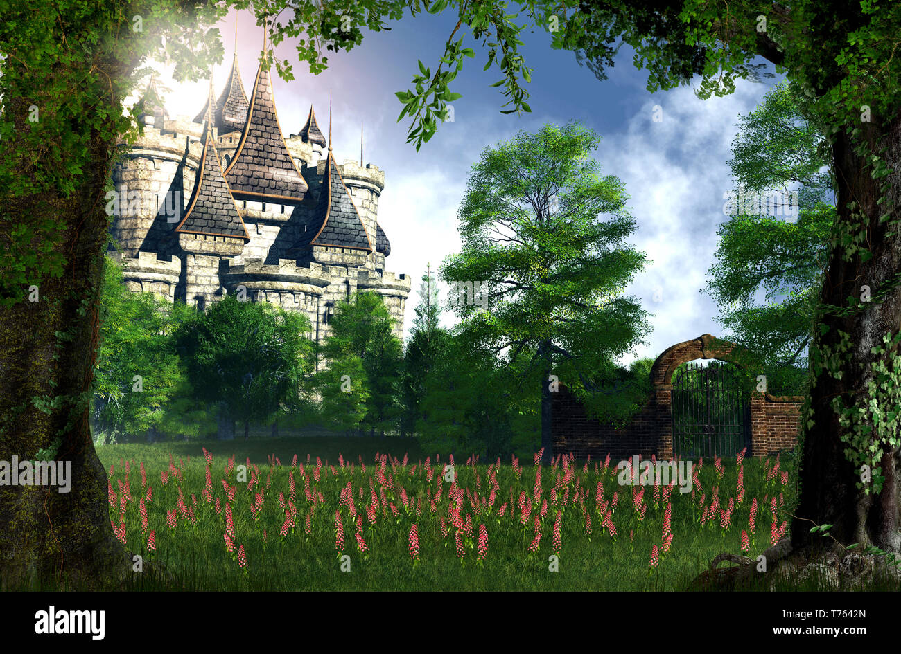 A beautiful , romantic view of a fairy tale castle from the woods, 3d ...
