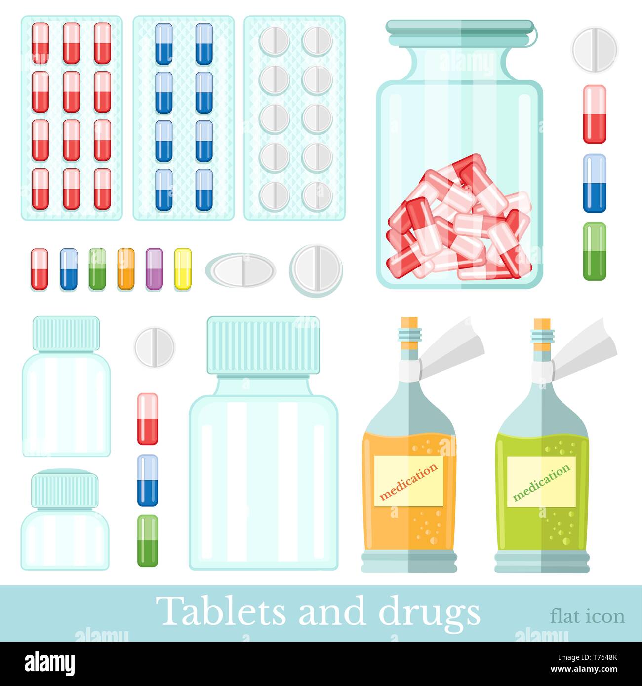 Set of pills in blister, capsule, mixture and different drugs isolated on white. Flat medicine style Stock Vector
