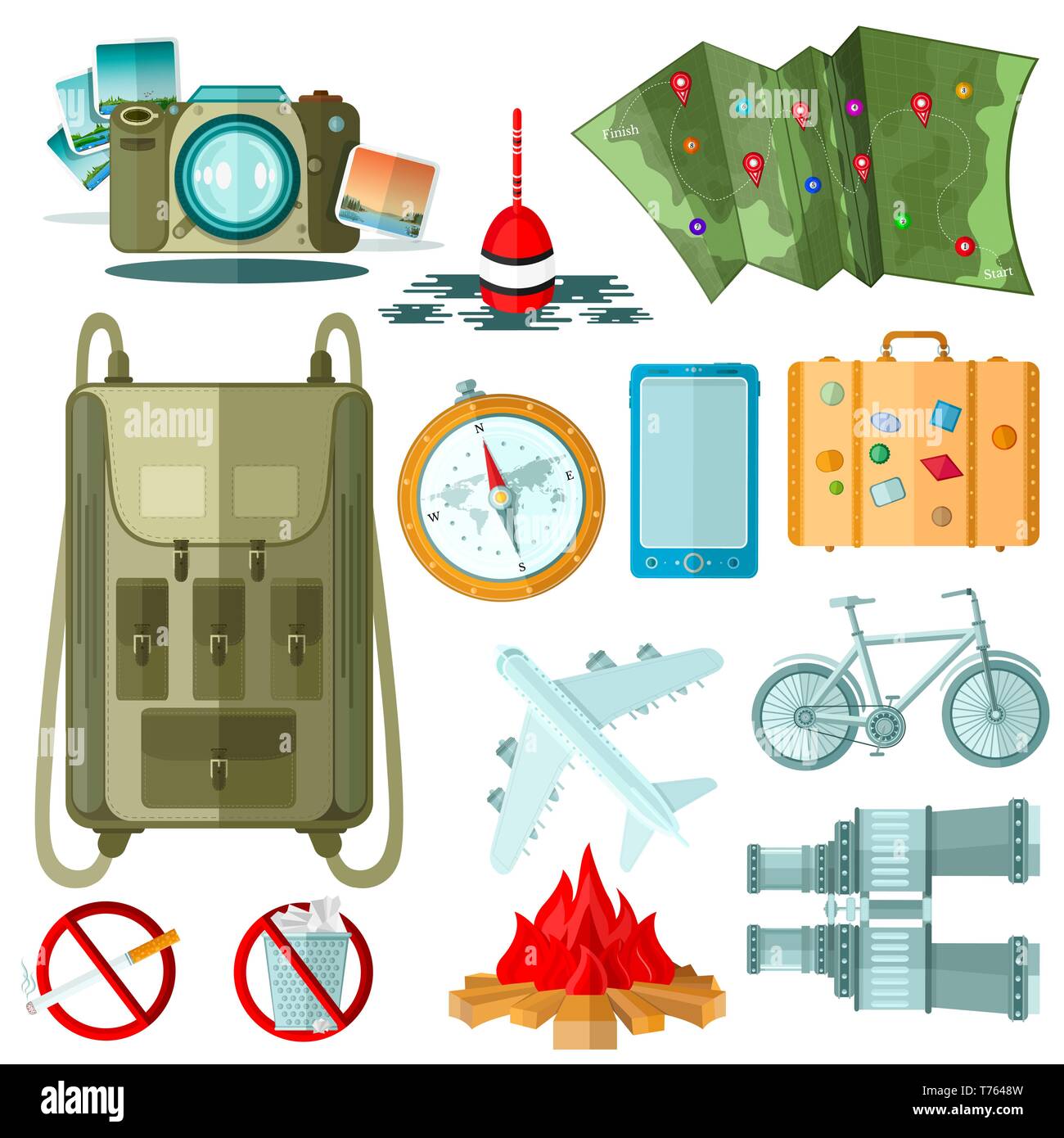 Set of travel, tourists accessories on white in flat style Stock Vector ...