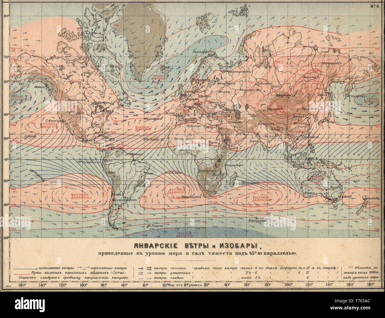 Earth Climatology Maps January winds and isobars New table atlas A.F. Marcks St. Petersburg, 1910 Stock Photo