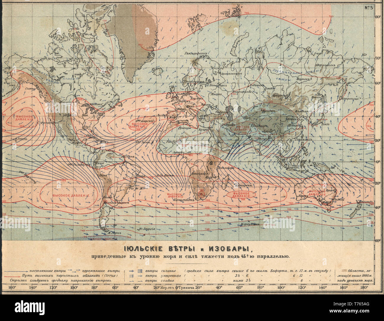 Earth Climatology Maps July winds and isobars New table atlas A.F. Marcks St. Petersburg, 1910 Stock Photo