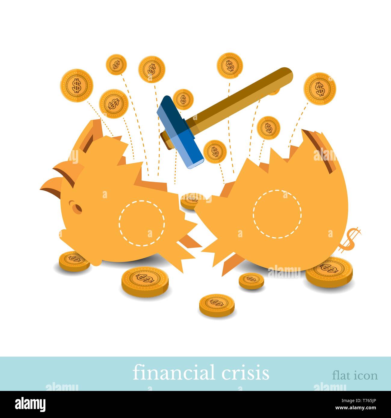 flat business icon broken piggy bank by hummer. financial crisis Stock ...