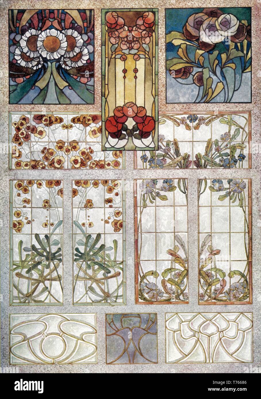 Stained Glass 8 Patterns Floral Abstract Art Nouveau Vintage Illustration By Modern Stained Glass 1905 Stock Photo Alamy