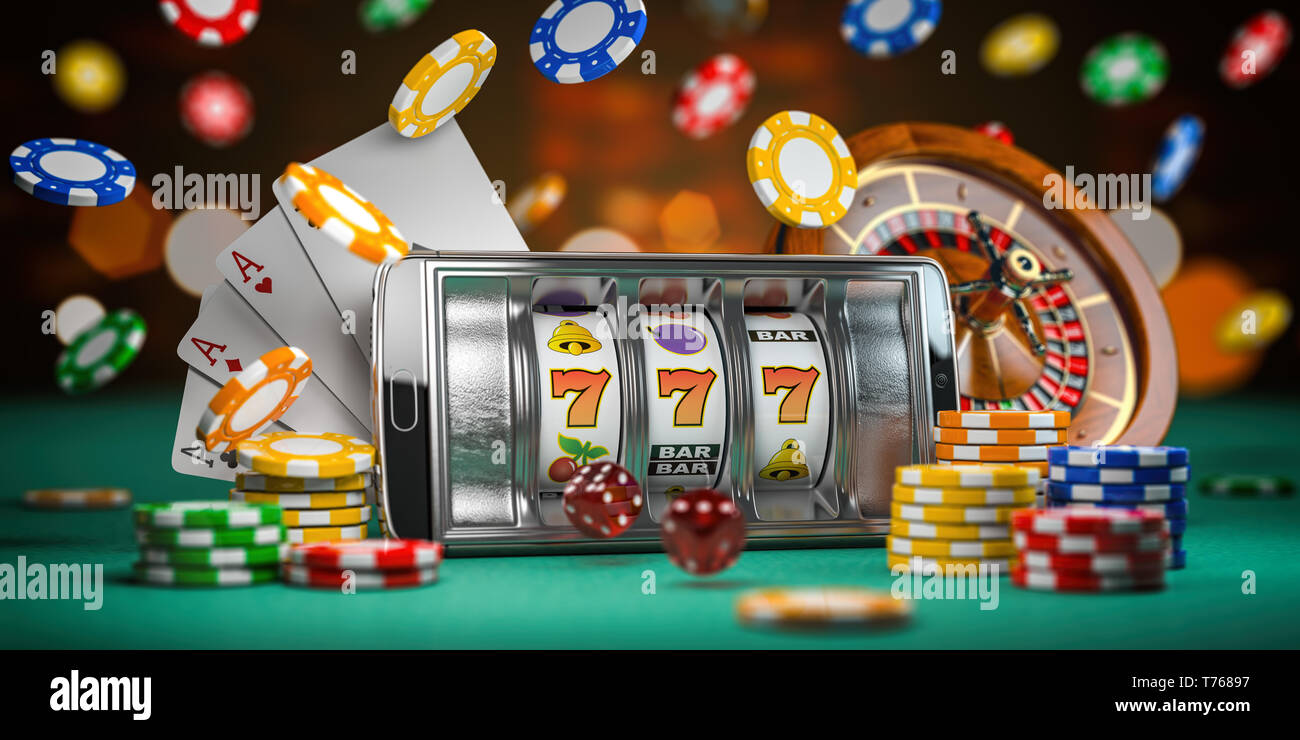 Online casino. Smartphone or mobile phone, slot machine, dice, cards and  roulette on a green table in casino. 3d illustration Stock Photo - Alamy