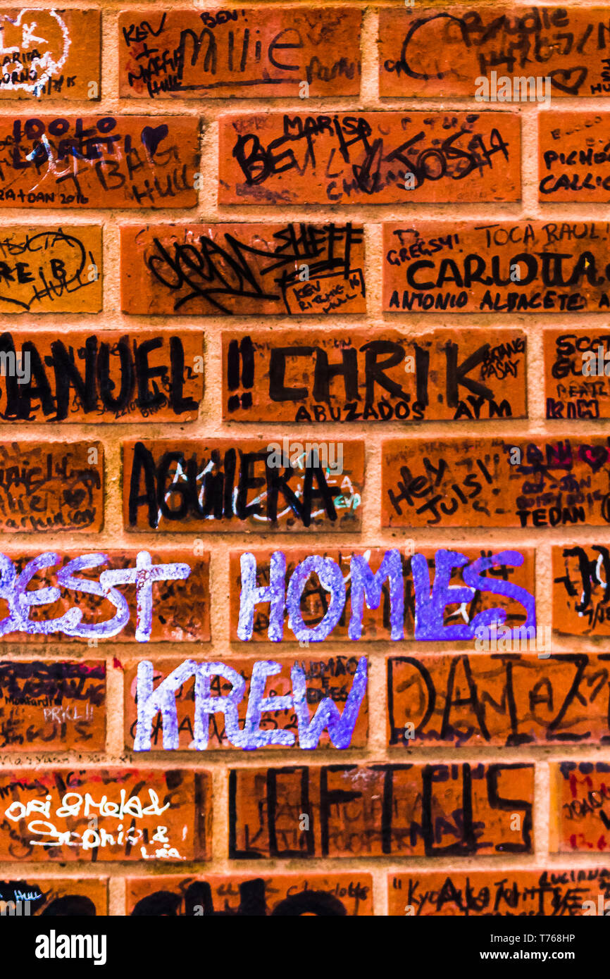 Graffiti on the Mathew Street wall outside The Cavern in Liverpool. Stock Photo