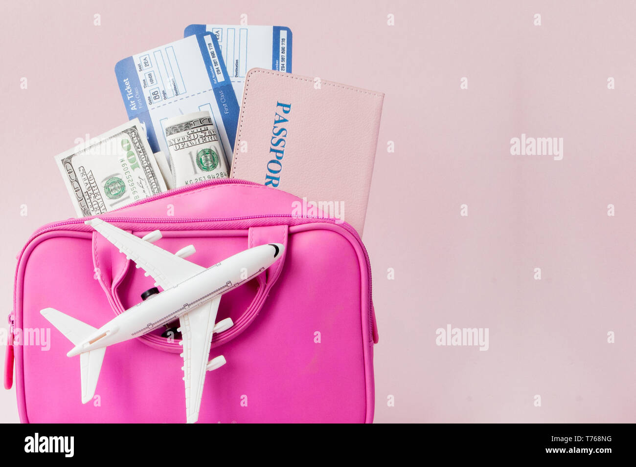 Traveler Pink Suitcase And Passport Documentpurse On Pink Background Journey And Travel 7499