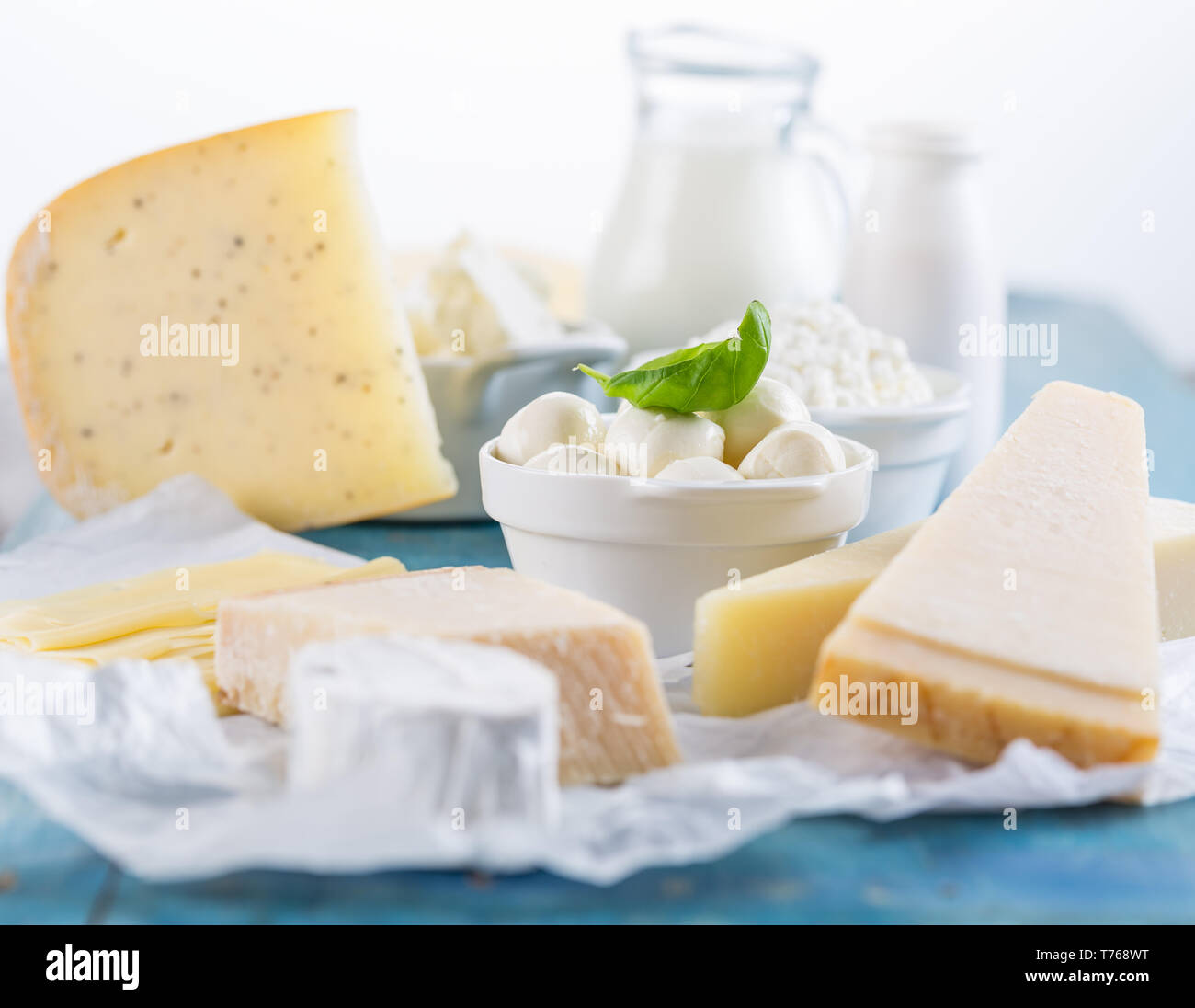 Different types of dairy products on wooden background Stock Photo