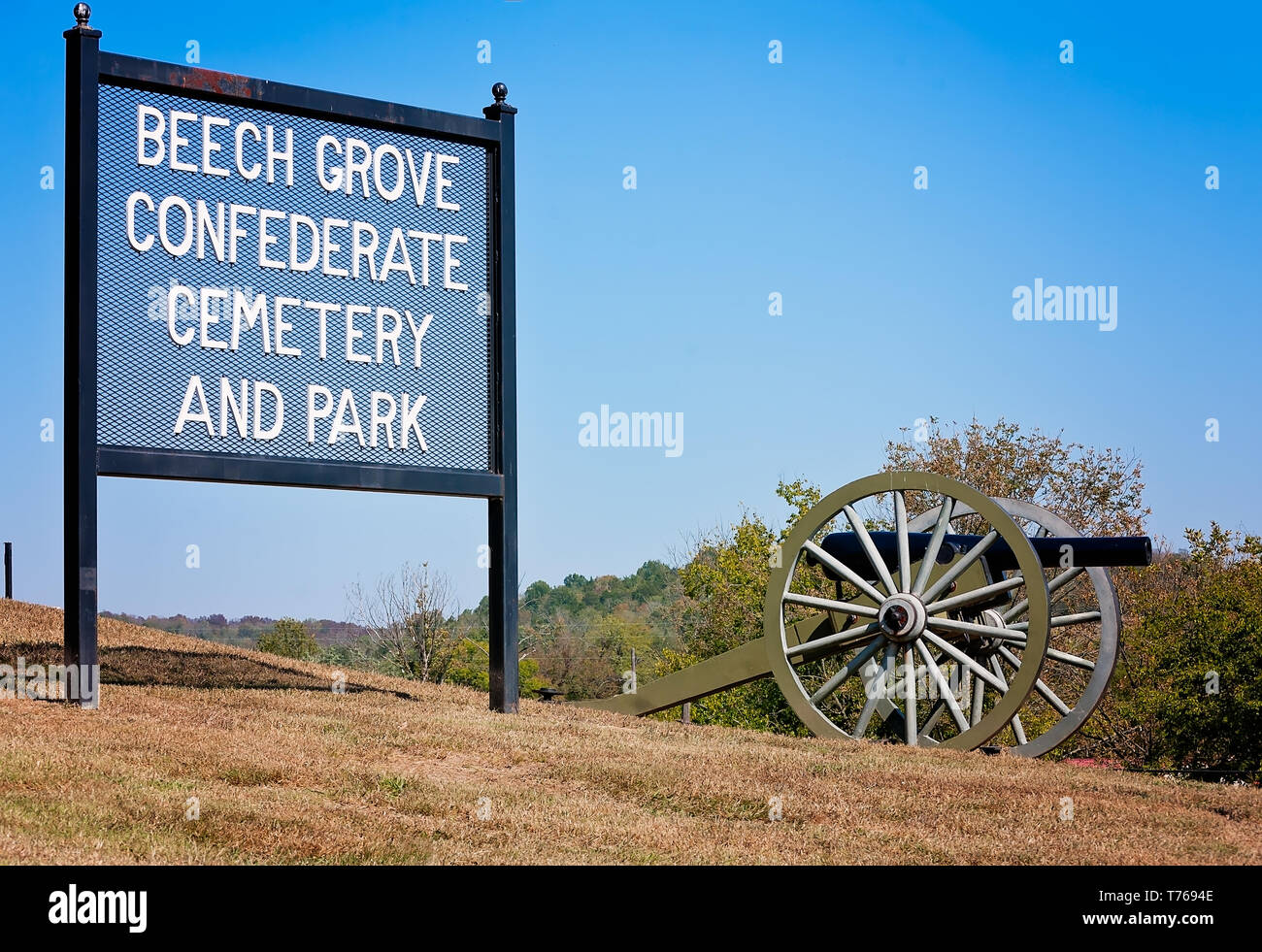 The Beech Grove Confederate Cemetery and Park entrance sign is displayed beside a Civil War cannon, Oct. 7, 2010, in Beechgrove, Tennessee. Stock Photo