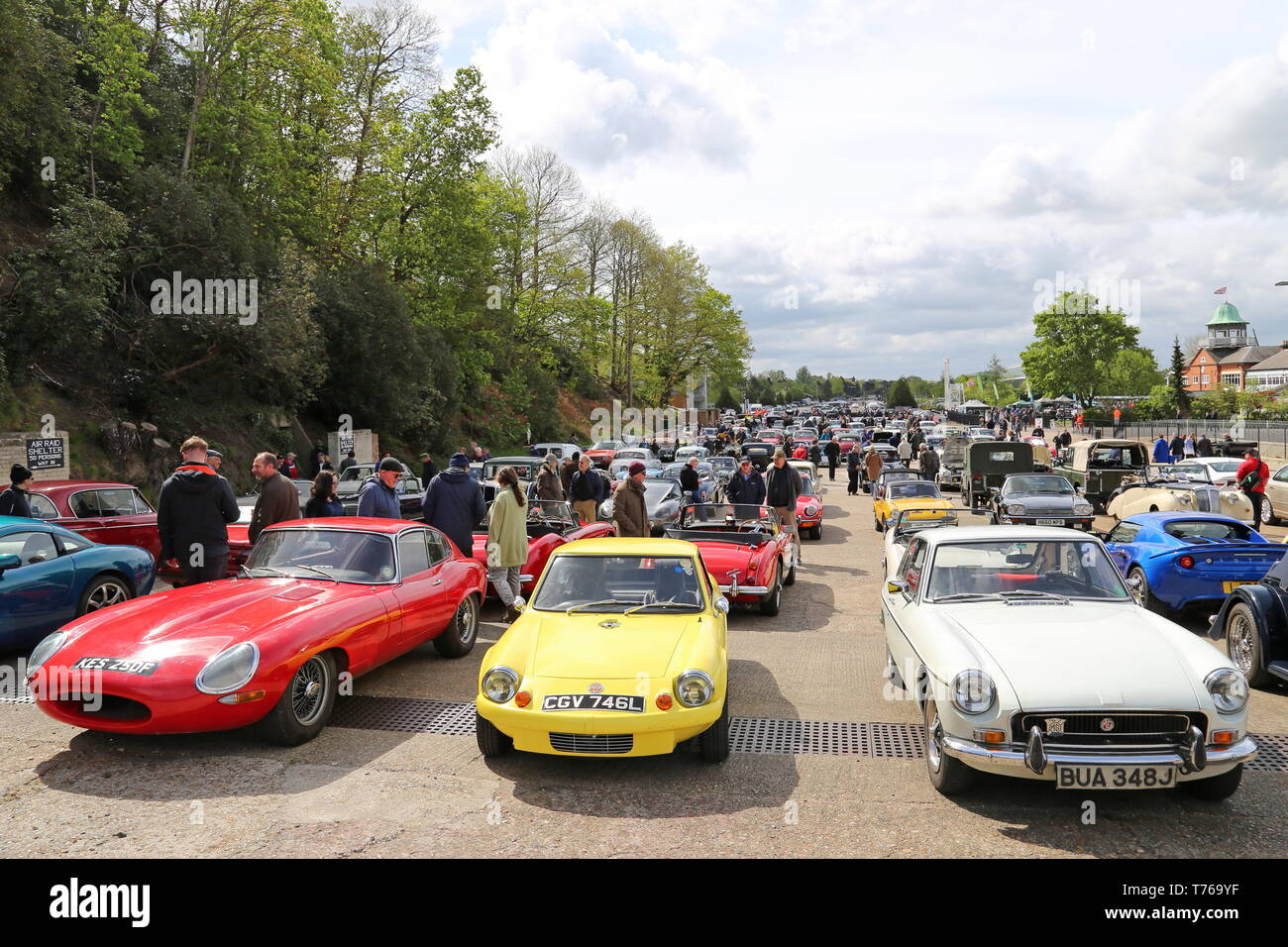 Jaguar E-Type, Ginetta G15 and MG MGB GT, British Marques Day, 28 April 2019, Brooklands Museum, Weybridge, Surrey, England, Great Britain, UK, Europe Stock Photo