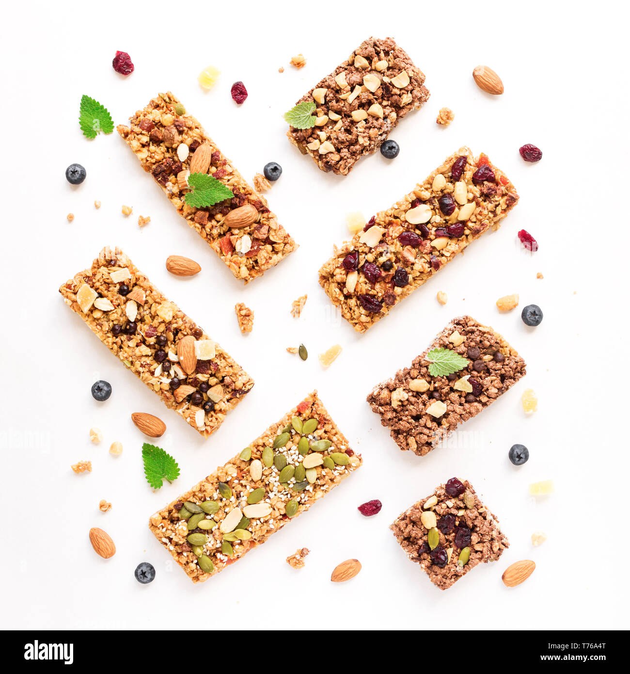 Various Granola Bars Isolated On White Background Top View