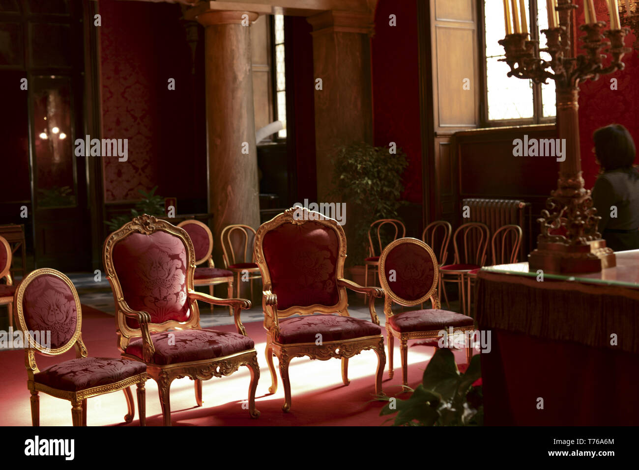 ceremonial red room of the Campidoglio in Rome for the civil marriage ceremonies Stock Photo