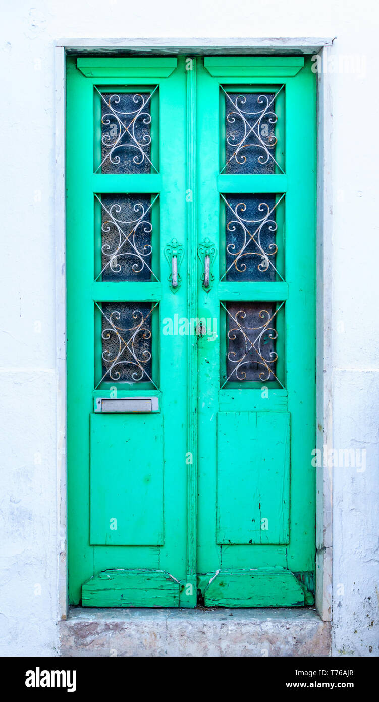Traditional Portuguese Front Door With Vibrant Green Color