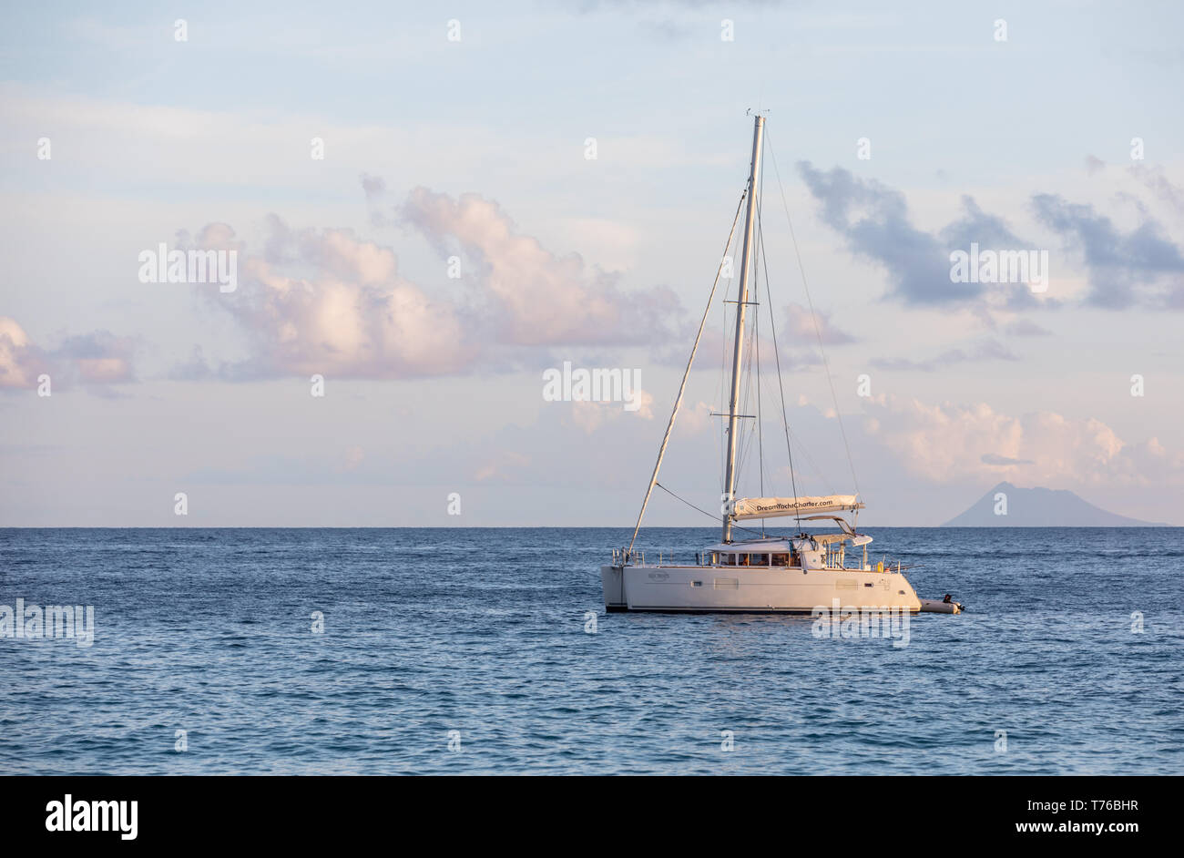 Catamaran off shell beach in Gustavia, St Barts Stock Photo