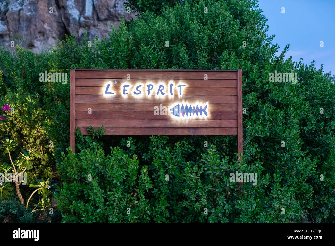 sign for a St Barts restaurant called L'Esprit at Saline Beach Stock Photo