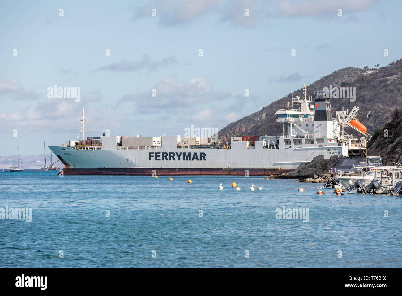 large cargo ship, Marin Luxmbourg in Gustavia, St Barts Stock Photo